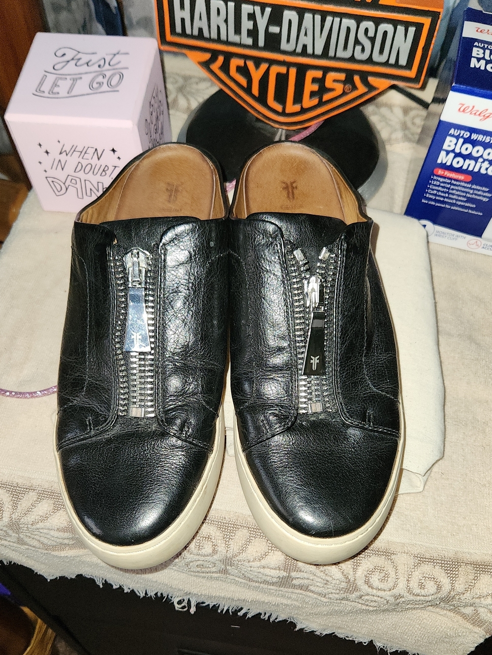 Black Leather Frye Mule Slides